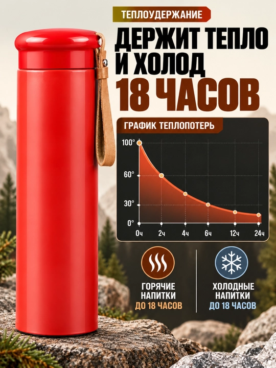 Термос для чая 500 мл красный с металлическим ситечком для горячих напитков