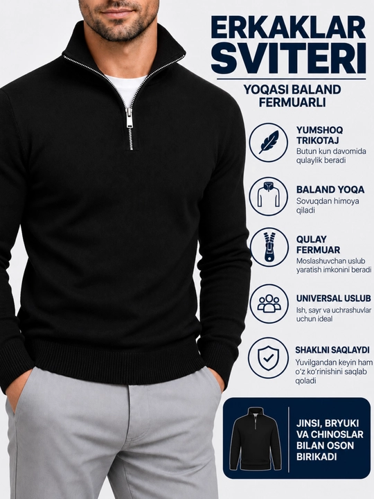 Erkaklar uchun chaqmoqli sviter, standart o‘lcham S dan-XL gacha,46 dan 52 mos keladi