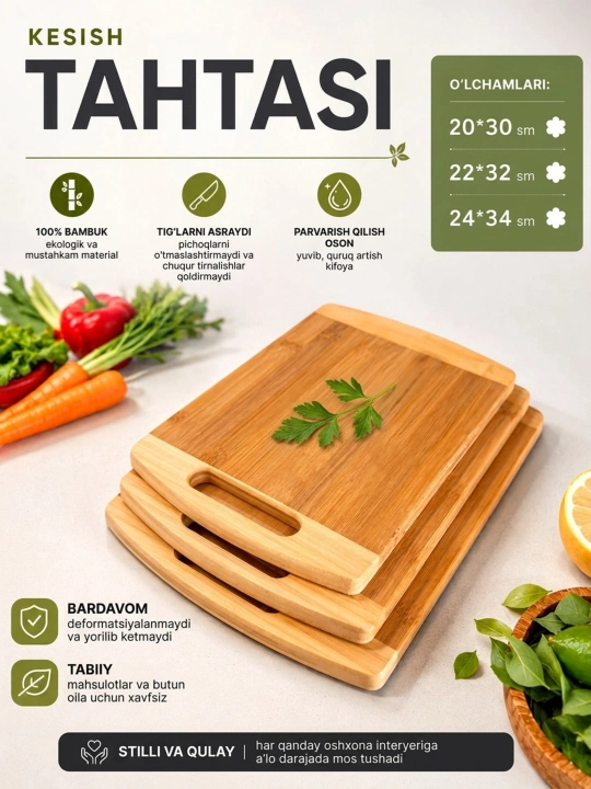 Taxtakach bombuk, yog'och, sabzavot, go‘sht va mevalarni to‘g‘rash uchun bambuk taxtakach - 