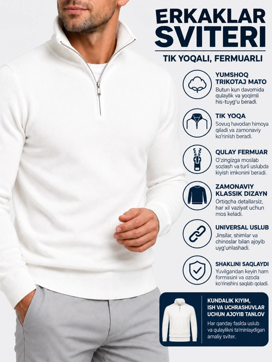 Erkaklar uchun chaqmoqli sviter, standart o‘lcham S dan-XL gacha,46 dan 52 mos keladi