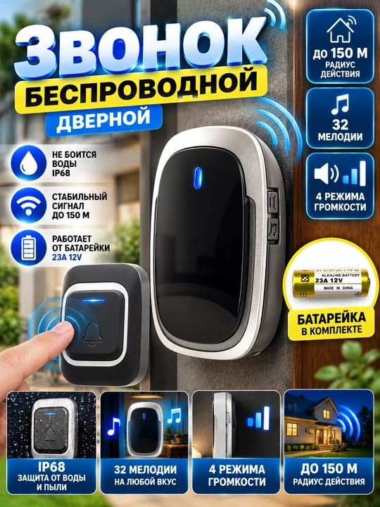 Simsiz eshik qo‘ng‘irog‘i, radio antenna, kabelsiz, rozetkaga - 