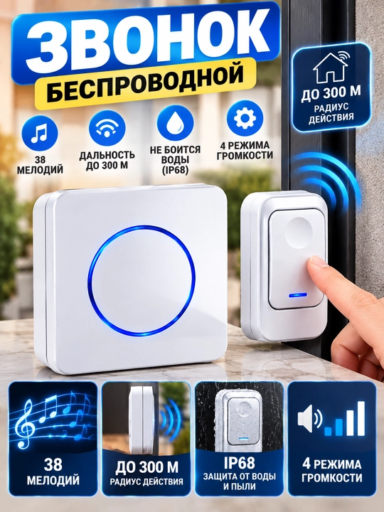 Simsiz eshik qo‘ng‘irog‘i, radio antenna, kabelsiz, rozetkaga - 