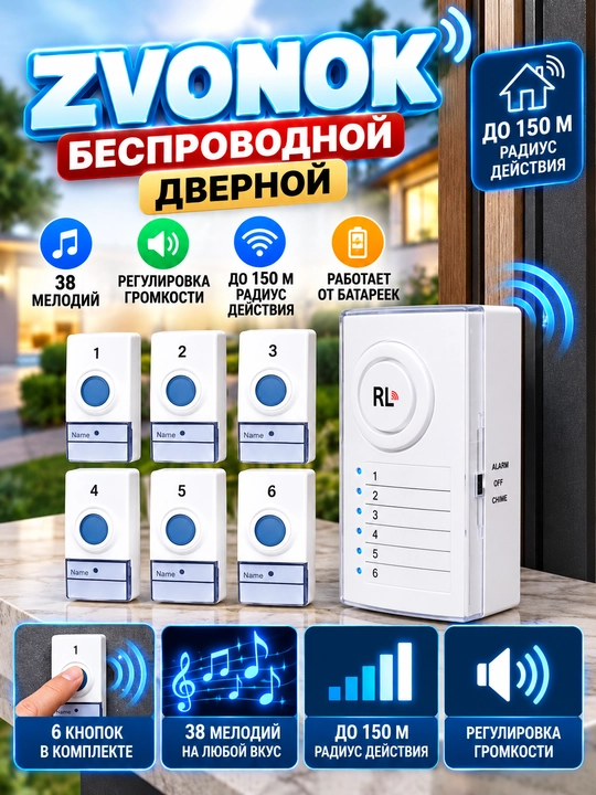 Simsiz eshik qo‘ng‘irog‘i, radio antenna, kabelsiz, rozetkaga - 