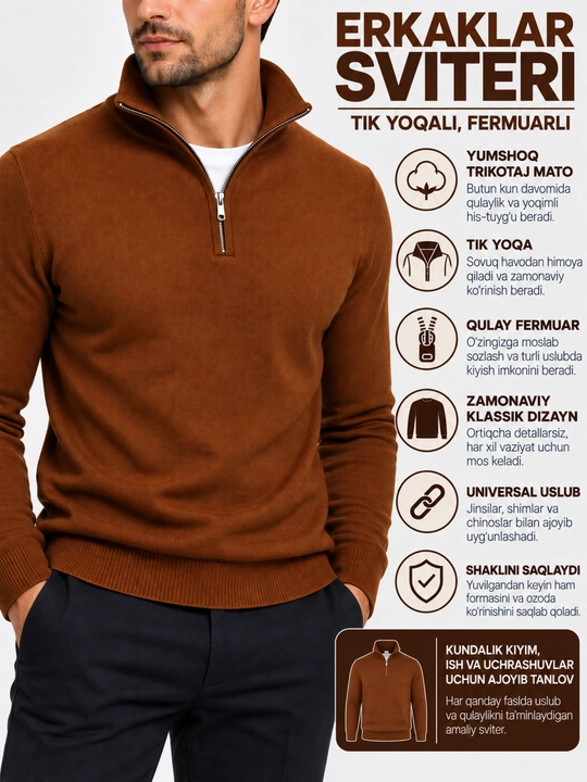 Erkaklar uchun chaqmoqli sviter, standart o‘lcham S dan-XL gacha,46 dan 52 mos keladi