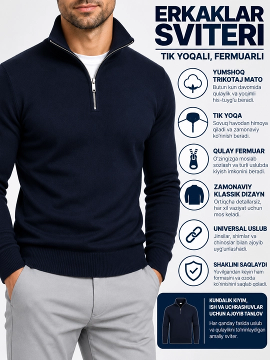 Erkaklar uchun chaqmoqli sviter, standart o‘lcham S dan-XL gacha,46 dan 52 mos keladi