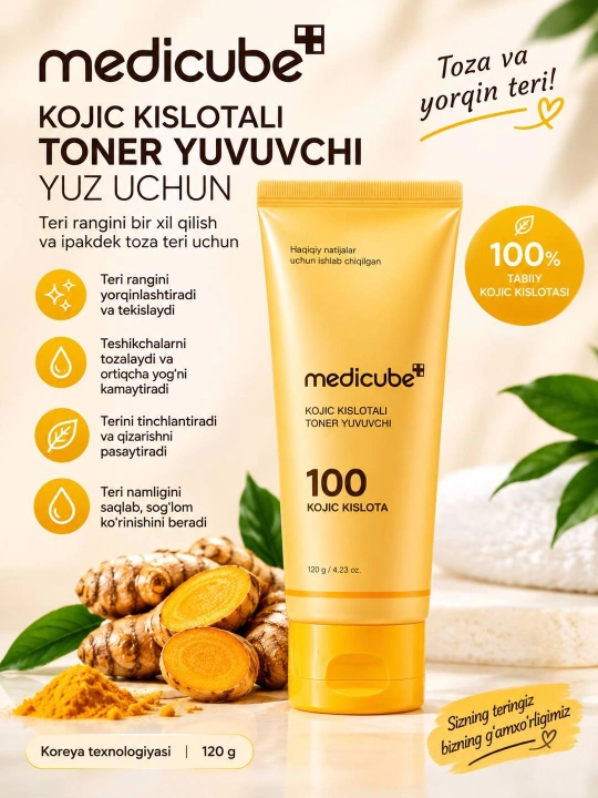 Medicube Kojic Acid Turmeric Toning Cleanser — kojik kislotali yuz tozalash vositasi 120 g - 