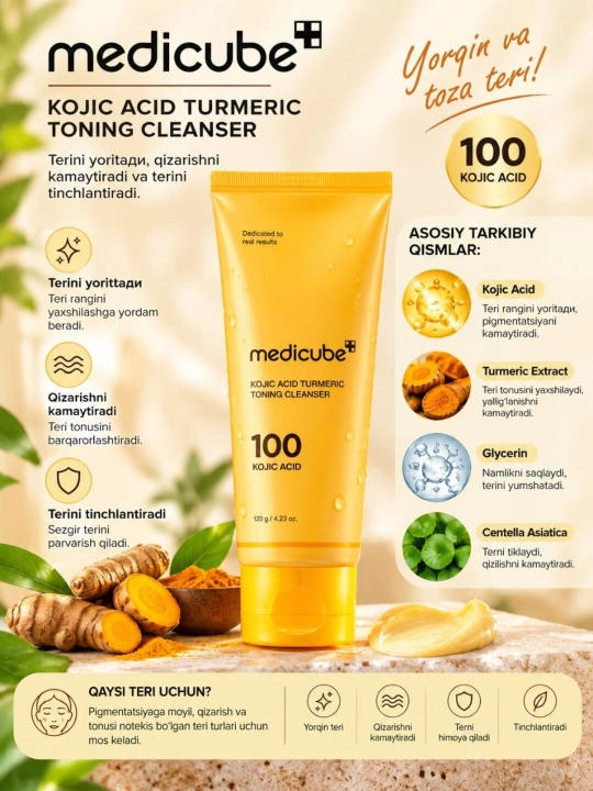 Medicube Kojic Acid Turmeric Toning Cleanser — kojik kislotali yuz tozalash vositasi 120 g