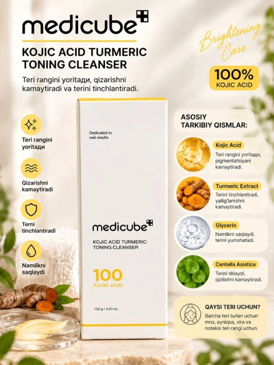Medicube Kojic Acid Turmeric Toning Cleanser — kojik kislotali yuz tozalash vositasi 120 g