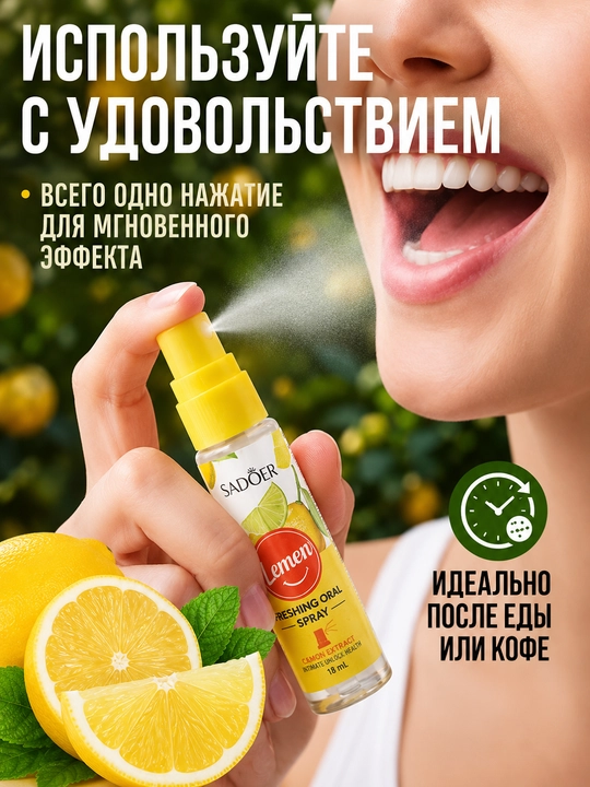 Sadoer limon og‘iz bo‘shlig‘i uchun xushbo‘ylantiruvchi sprey, og‘iz hidini ketkazuvchi chayish vositasi, 18 ml