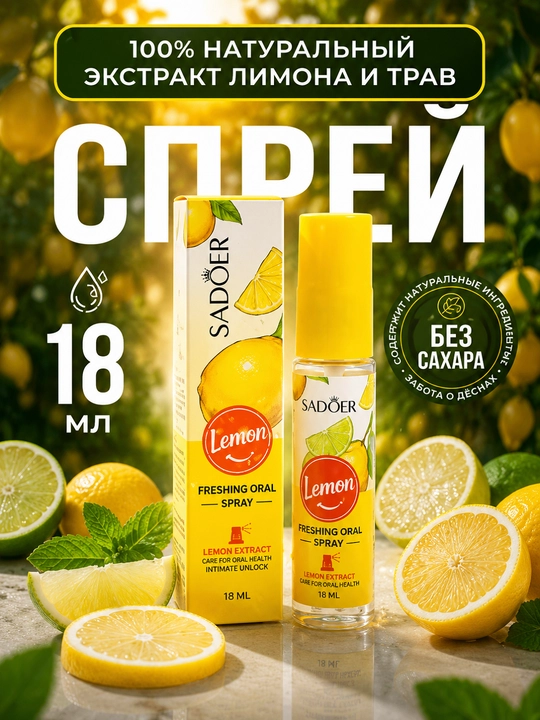 Освежитель-спрей для полости рта Sadoer лимон, ополаскиватель от запаха изо рта, 18 мл - 