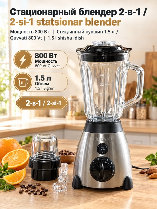 Многофункциональный блендер SOKANY SK-01026, 800 Вт, стакан 1,5 л + измельчитель - 