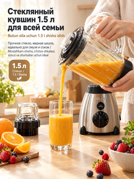Многофункциональный блендер SOKANY SK-01026, 800 Вт, стакан 1,5 л + измельчитель