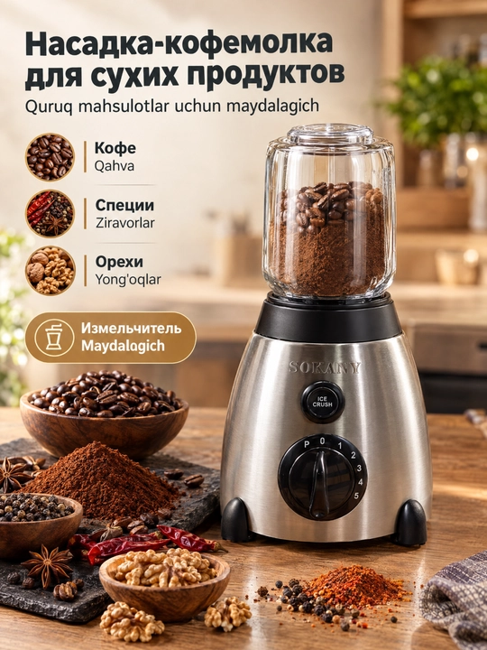 Многофункциональный блендер SOKANY SK-01026, 800 Вт, стакан 1,5 л + измельчитель