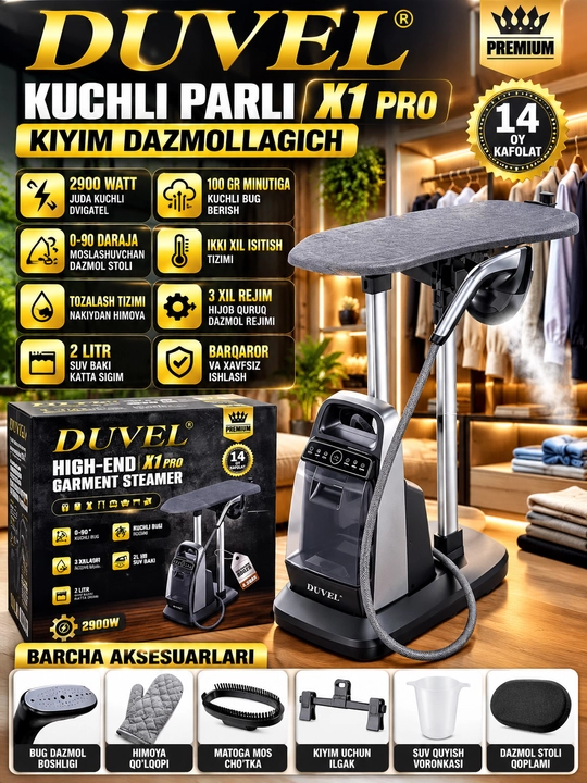DUVEL X1 PRO Kiyim Bug‘lagich 2900 Vt 2 L Suv Idishi Kuchli Bug‘ Berish - 
