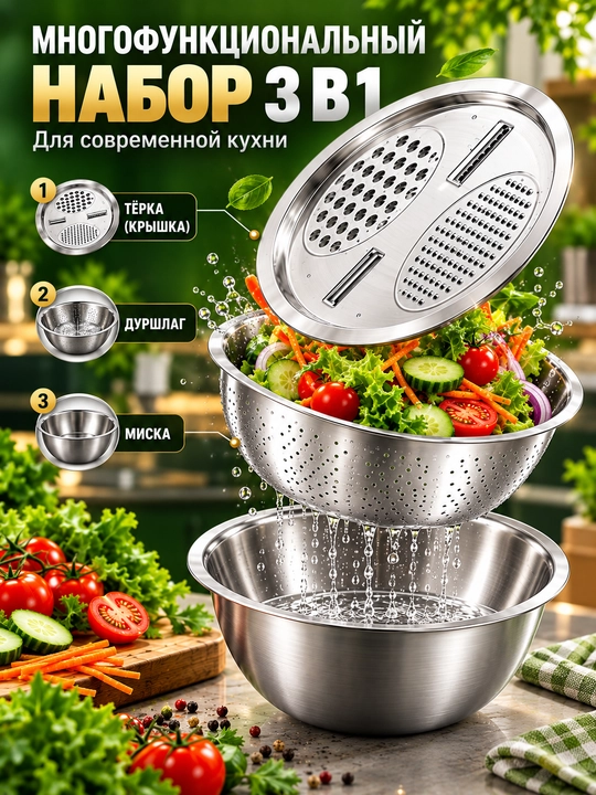 Набор для кухни, дуршлаг, терка, миска, 3 в 1, из нержавеющей стали, салатник, овощерезка - 