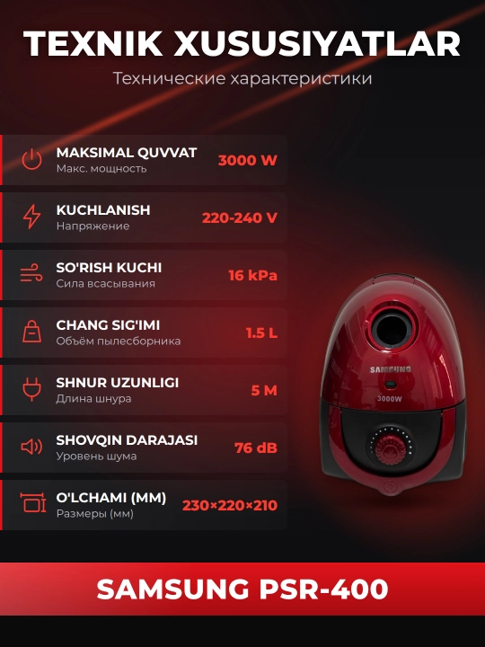 Пылесос Samsung PSR-400, 3000 Вт, 1,5 л, с мешком, шнур 5 м, компактный
