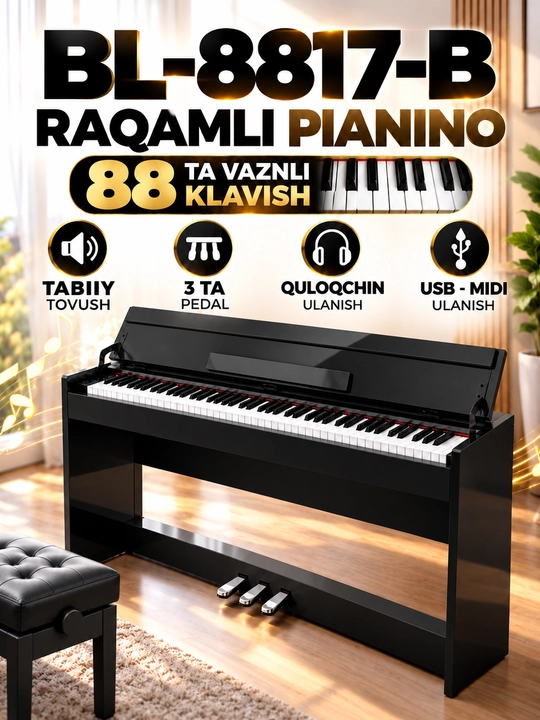 Цифровое пианино BL-8817-B, 88 взвешенных клавиш и 3 педали