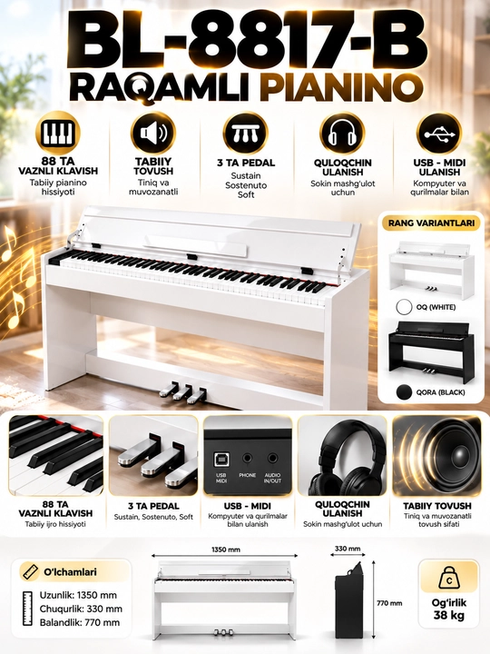 BL-8817-B raqamli pianino, 88 ta vaznli klavish va 3 pedal