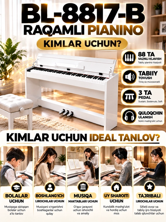 BL-8817-B raqamli pianino, 88 ta vaznli klavish va 3 pedal