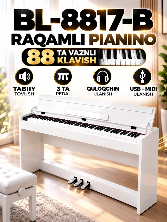 BL-8817-B raqamli pianino, 88 ta vaznli klavish va 3 pedal