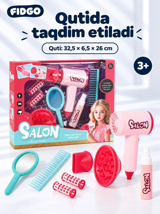 FIDGO soch turmagi va pardoz-andoz qo‘g‘irchog‘i, bolalar kosmetikasi va stilist to‘plami