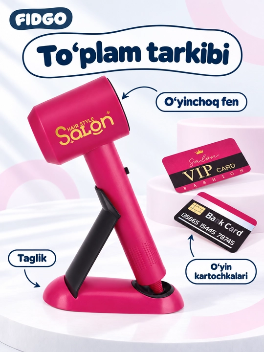 FIDGO soch turmagi va pardoz-andoz qo‘g‘irchog‘i, bolalar kosmetikasi va stilist to‘plami