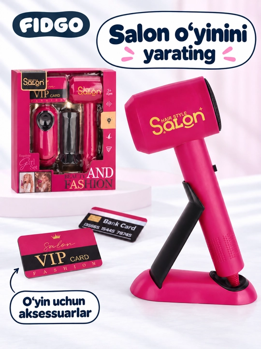 FIDGO soch turmagi va pardoz-andoz qo‘g‘irchog‘i, bolalar kosmetikasi va stilist to‘plami