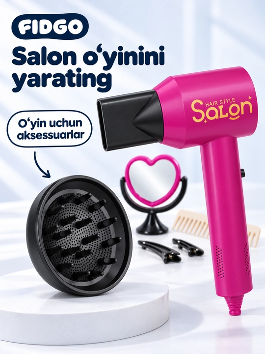 FIDGO soch turmagi va pardoz-andoz qo‘g‘irchog‘i, bolalar kosmetikasi va stilist to‘plami
