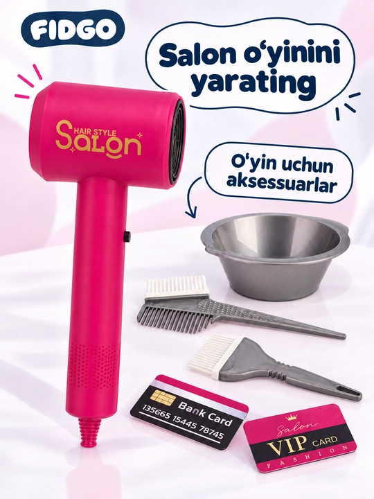 FIDGO soch turmagi va pardoz-andoz qo‘g‘irchog‘i, bolalar kosmetikasi va stilist to‘plami