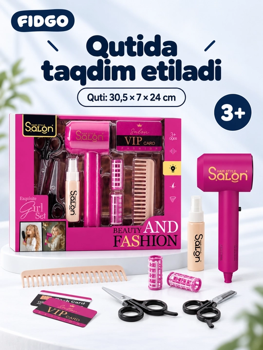 FIDGO soch turmagi va pardoz-andoz qo‘g‘irchog‘i, bolalar kosmetikasi va stilist to‘plami