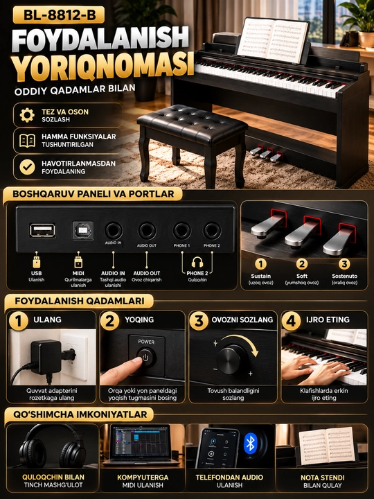 BL-8812-B Premium raqamli pianino- 88 klavishli, 3 pedalli, realistik ovoz, banketka bilan