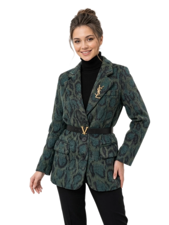 Ayollar leopard drap pidjak, kamar va broshka bilan
