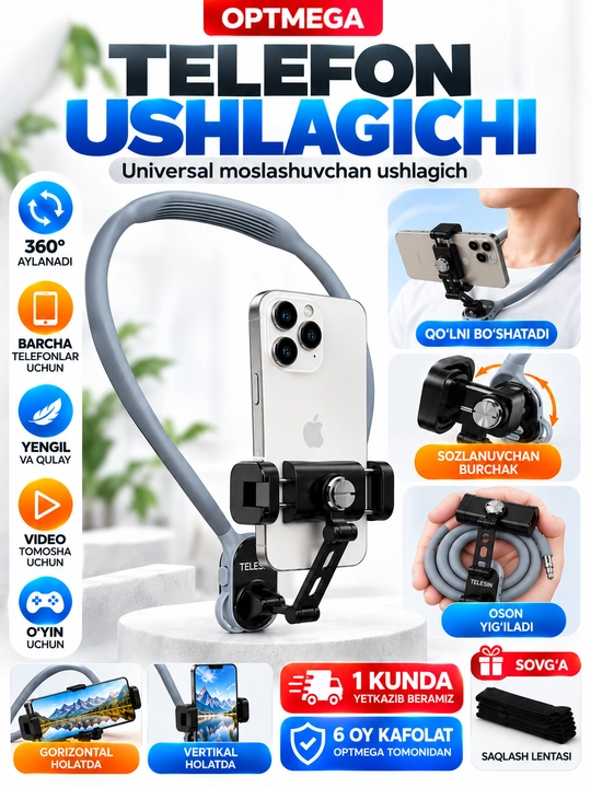 Bo‘yinga taqiladigan telefon ushlagich, 360° aylanuvchi shtativ, vlog va video olish uchun - 