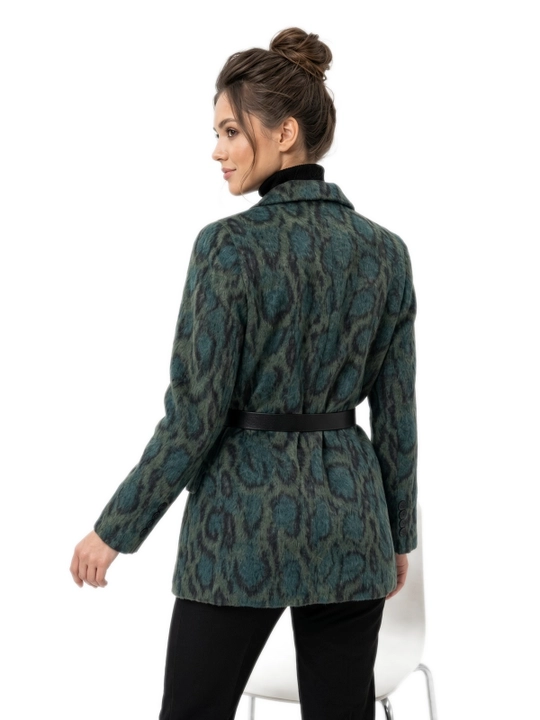 Ayollar leopard drap pidjak, kamar va broshka bilan