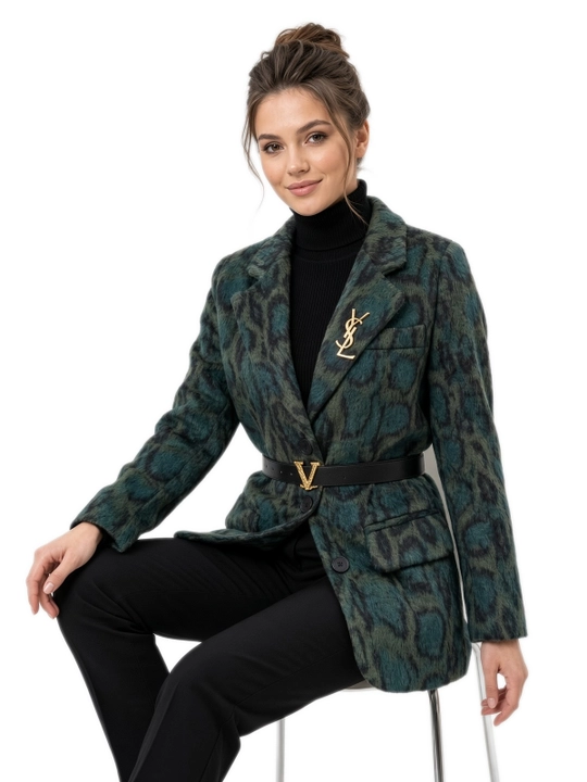 Ayollar leopard drap pidjak, kamar va broshka bilan