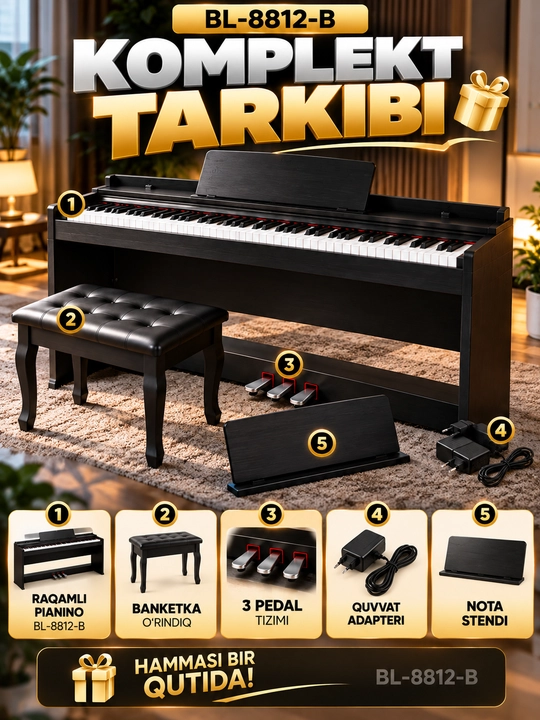 BL-8812B Premium raqamli pianino — 88 klavishli, 3 pedalli, realistik ovoz, banketka bilan