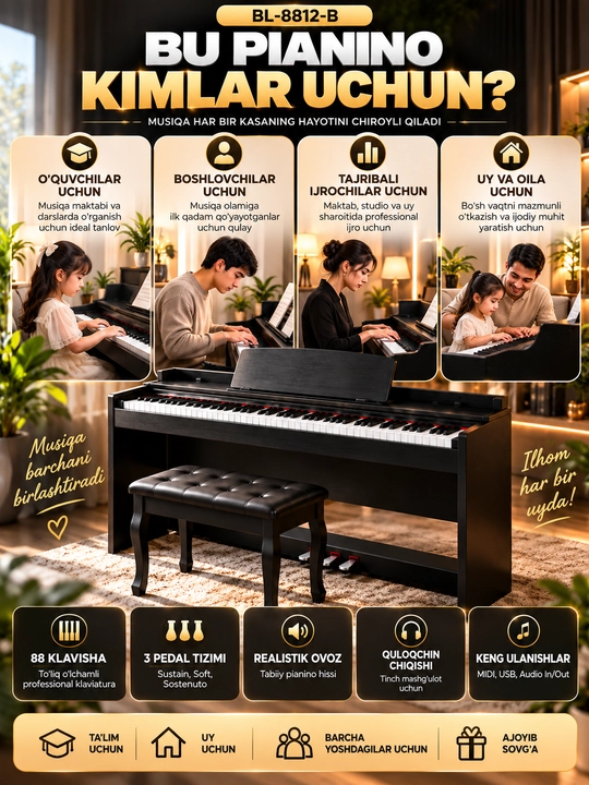 BL-8812B Premium raqamli pianino — 88 klavishli, 3 pedalli, realistik ovoz, banketka bilan