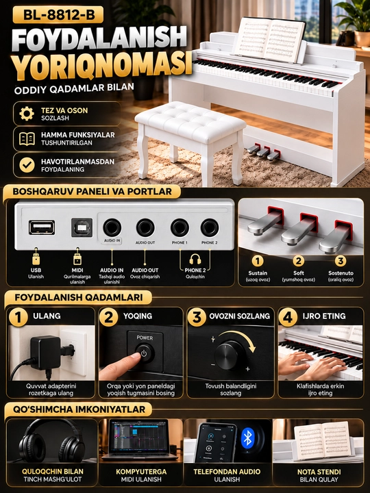 BL-8812B Premium raqamli pianino — 88 klavishli, 3 pedalli, realistik ovoz, banketka bilan