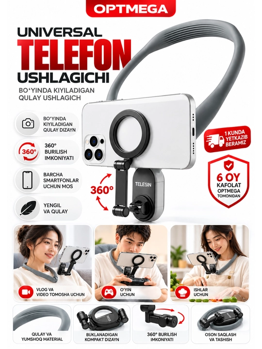 Bo‘yinga taqiladigan telefon ushlagich, 360° aylanuvchi shtativ, vlog va video olish uchun - 