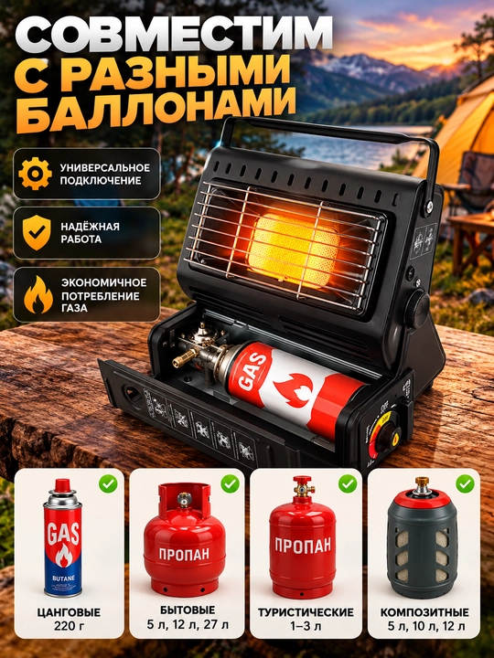 Газовый обогреватель 2 в 1, портативная газовая плитка(плита) 1300 Вт