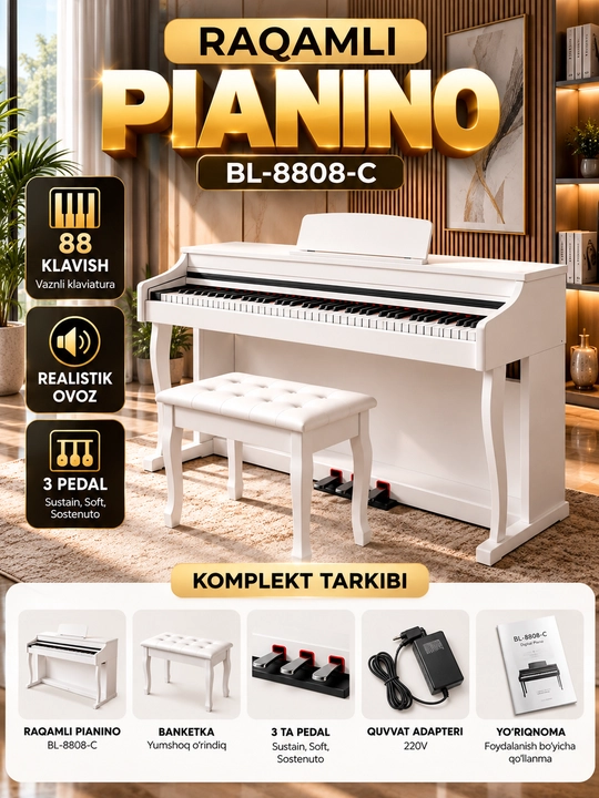 BL-8808-C Raqamli Pianino — 88 Klavishli, Hammer Action, 3 Pedalli, Banketkali