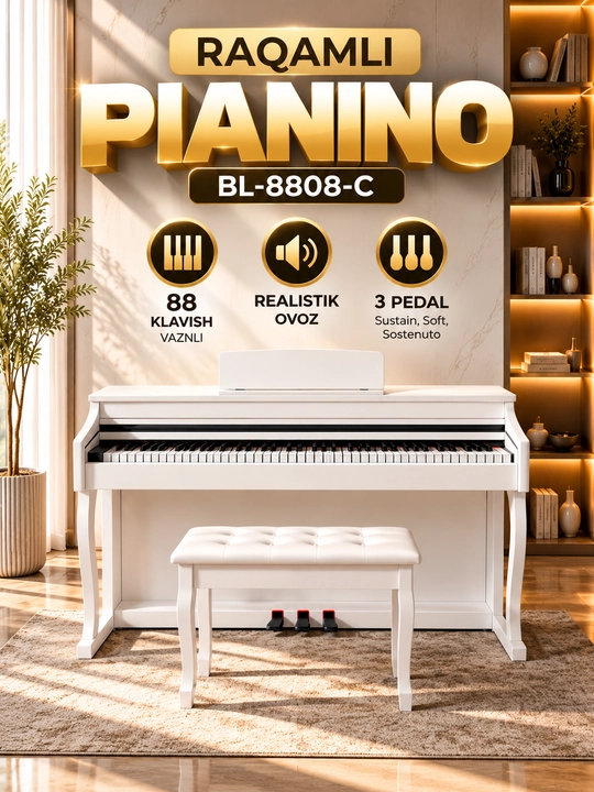 BL-8808-C Raqamli Pianino — 88 Klavishli, Hammer Action, 3 Pedalli, Banketkali