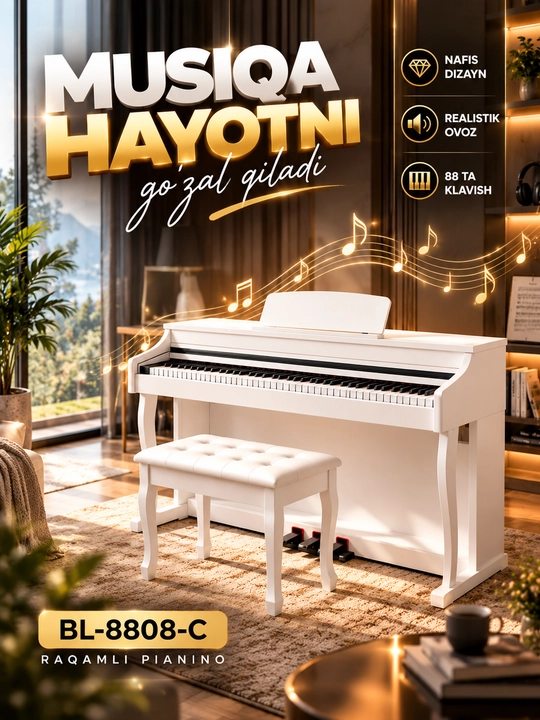 BL-8808-C Raqamli Pianino — 88 Klavishli, Hammer Action, 3 Pedalli, Banketkali