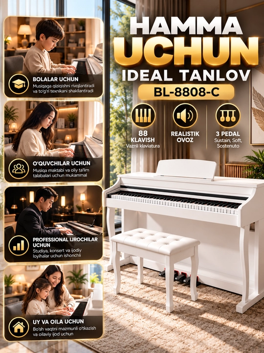 BL-8808-C Raqamli Pianino — 88 Klavishli, Hammer Action, 3 Pedalli, Banketkali