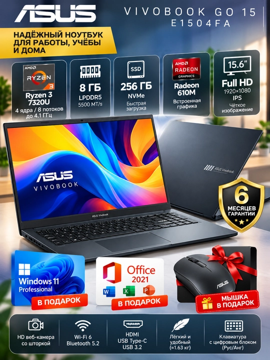 Ноутбук ASUS VivoBook Go 15 E1504FA Ryzen 3 7320U 8GB DDR5 256GB SSD 15.6″ FHD Windows 11 - 