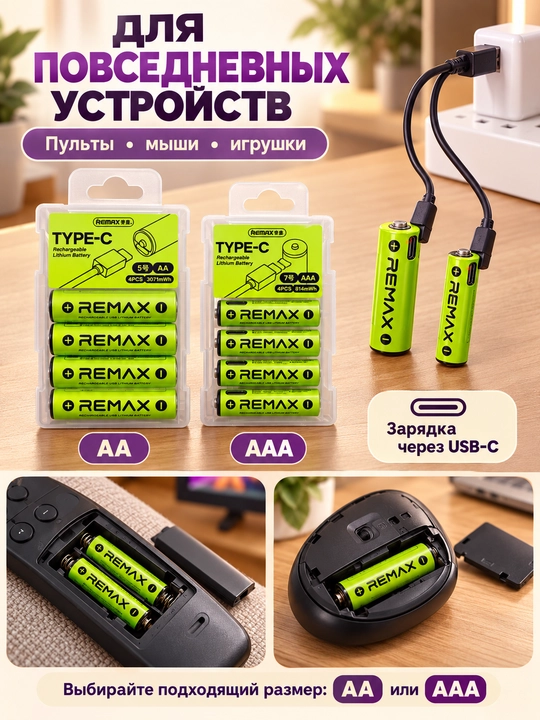 REMAX AA/AAA qayta zaryadlanuvchi litiy batareyalar, 1,5V, USB-C, 4 dona, kabel bilan