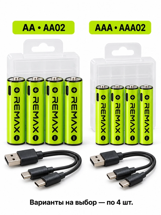 REMAX AA/AAA qayta zaryadlanuvchi litiy batareyalar, 1,5V, USB-C, 4 dona, kabel bilan