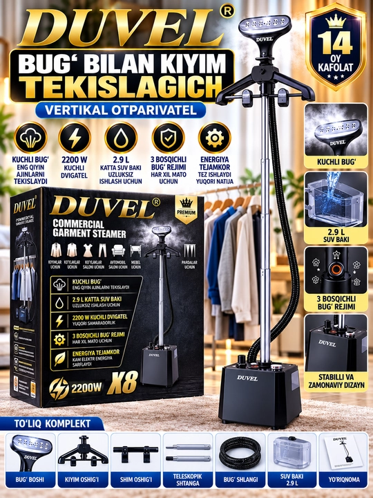 Duvel x8 vertikal bug‘lagich 2200 vt 2 9 l suv baki 3 bosqichli bug‘ rejimi