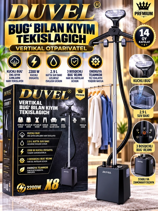 Duvel x8 vertikal bug‘lagich 2200 vt 2 9 l suv baki 3 bosqichli bug‘ rejimi