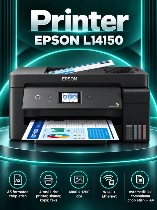 МФУ Epson L14150, цветной струйный принтер A3, Wi-Fi, сканер, копир, факс, ADF, дуплекс - 